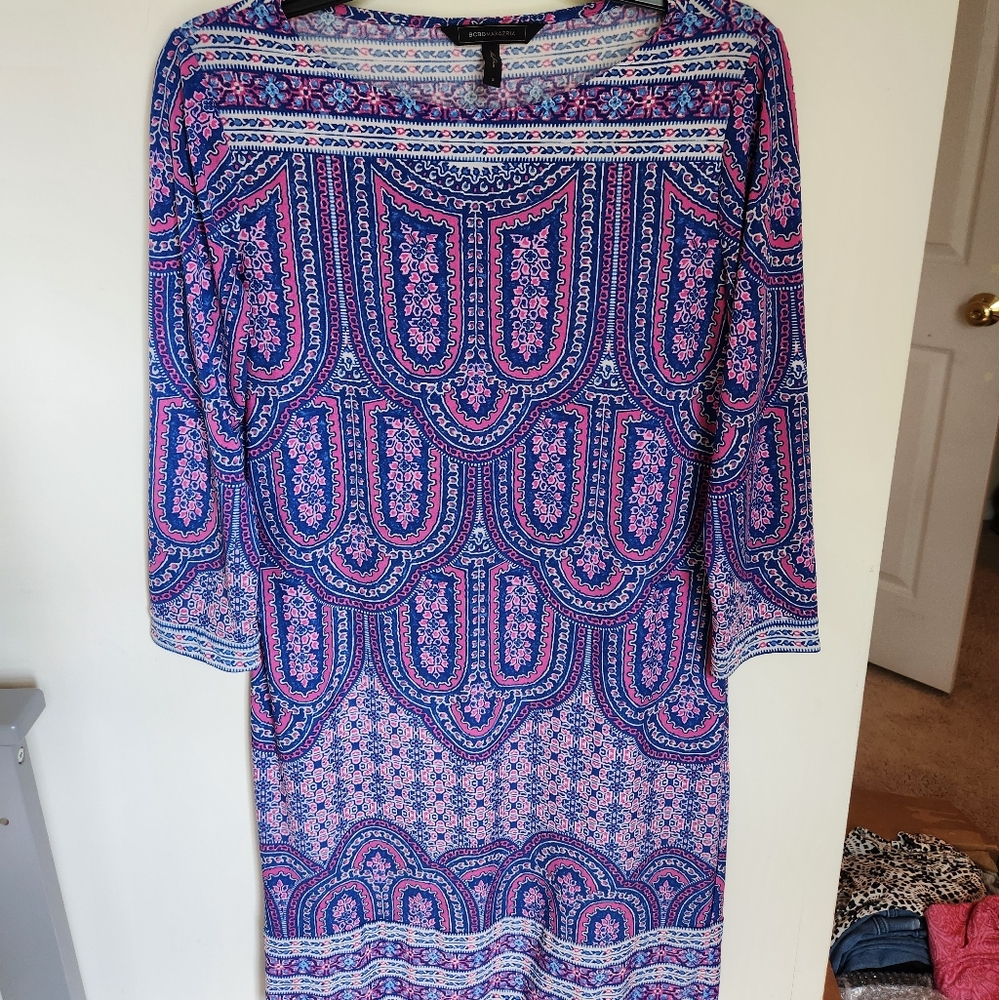 BCBGMaxAzria Vibrant Blue and Pink Paisley 3/4 Sleeve Dress Size Small